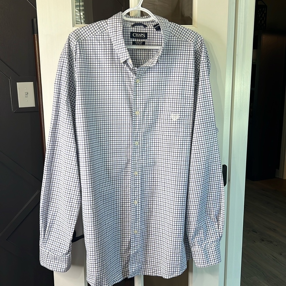 CHAPS Stretch Oxford Blue/Black Plaid Button Down Shirt Size XXL